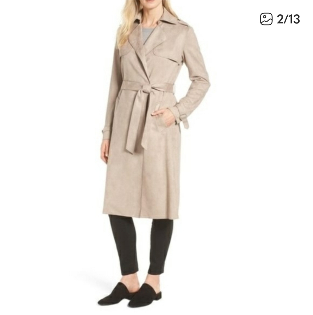 T Tahari Plus Size Mel Faux Suede Classic Trench Coat Light Taupe - Picture 15 of 15